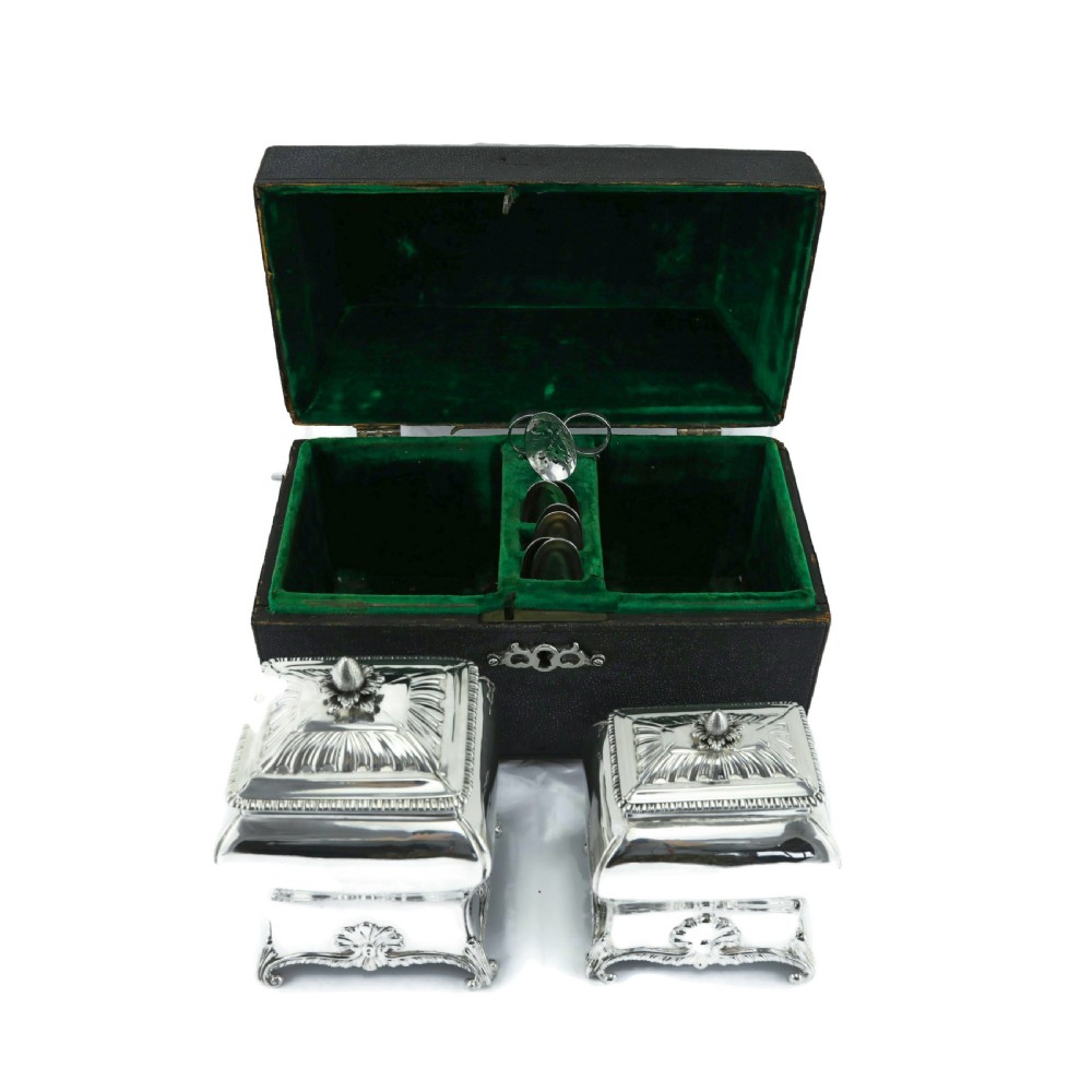 Antique Solid Silver Tea Caddy/Canister Set with Shagreen Box Case & Accessories - Peter (Pierre) Gillois 1759 View III