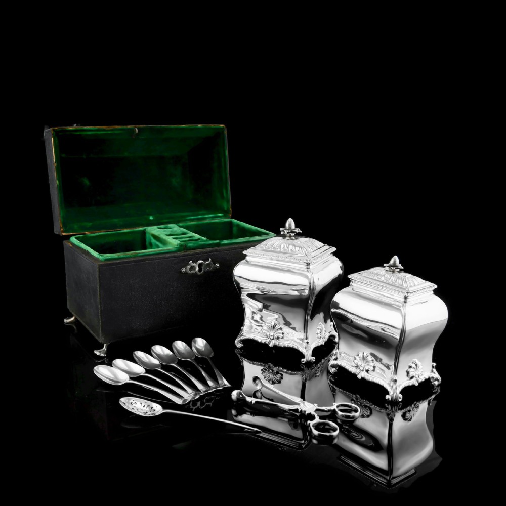 Antique Solid Silver Tea Caddy/Canister Set with Shagreen Box Case & Accessories - Peter (Pierre) Gillois 1759 View VIII