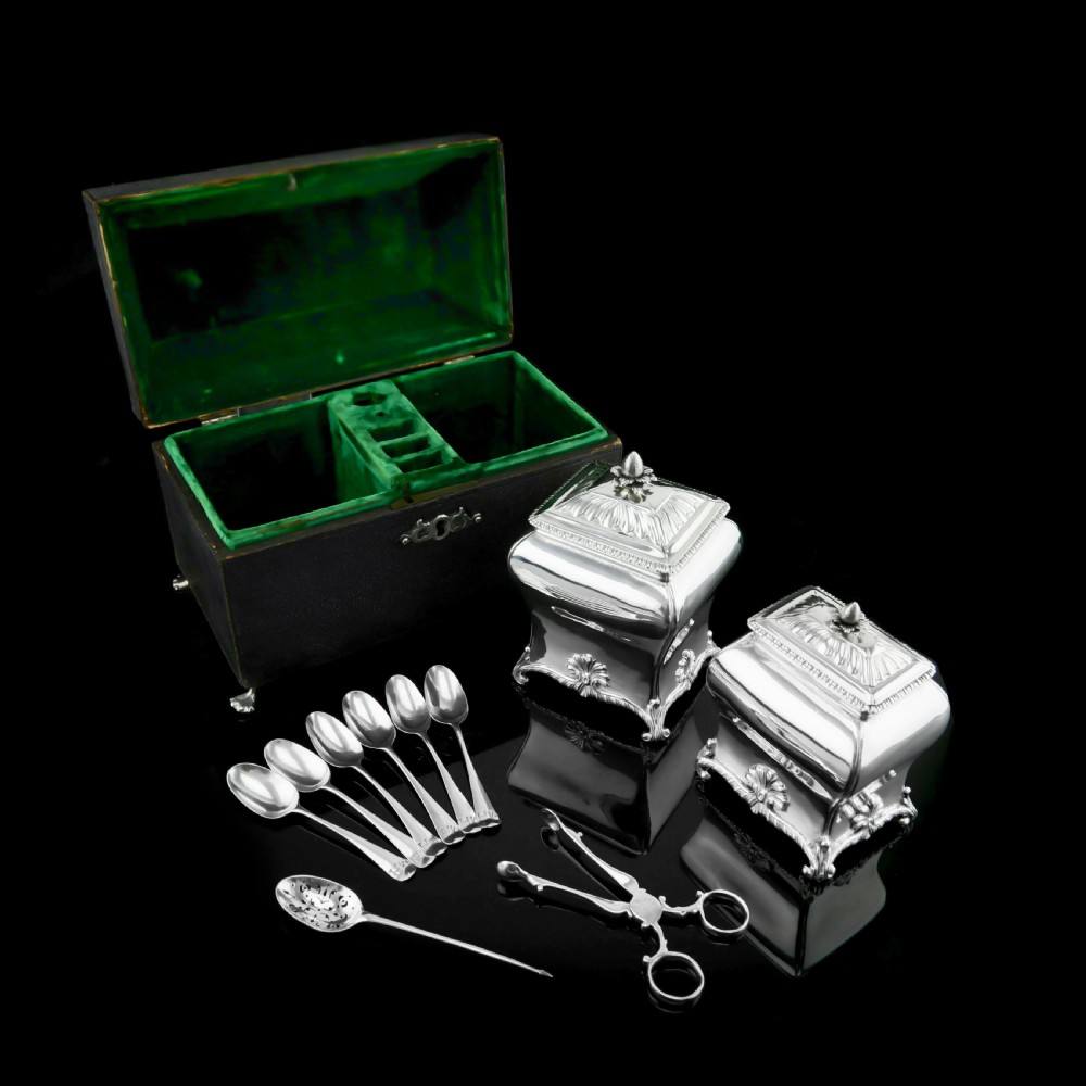 Antique Solid Silver Tea Caddy/Canister Set with Shagreen Box Case & Accessories - Peter (Pierre) Gillois 1759 View IX
