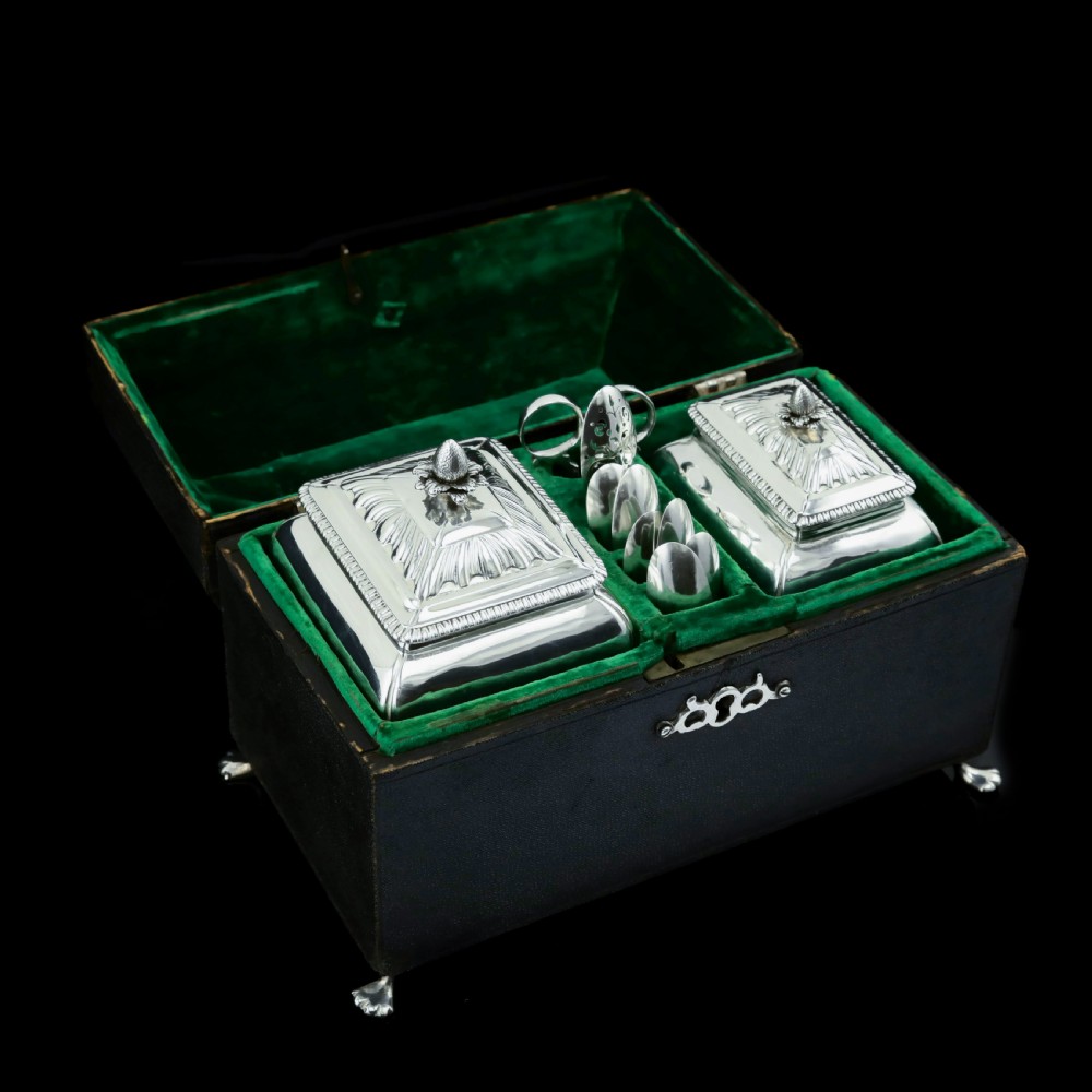Antique Solid Silver Tea Caddy/Canister Set with Shagreen Box Case & Accessories - Peter (Pierre) Gillois 1759 View X