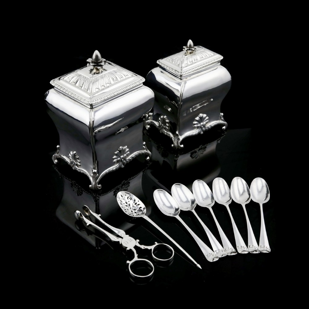 Antique Solid Silver Tea Caddy/Canister Set with Shagreen Box Case & Accessories - Peter (Pierre) Gillois 1759 View XII