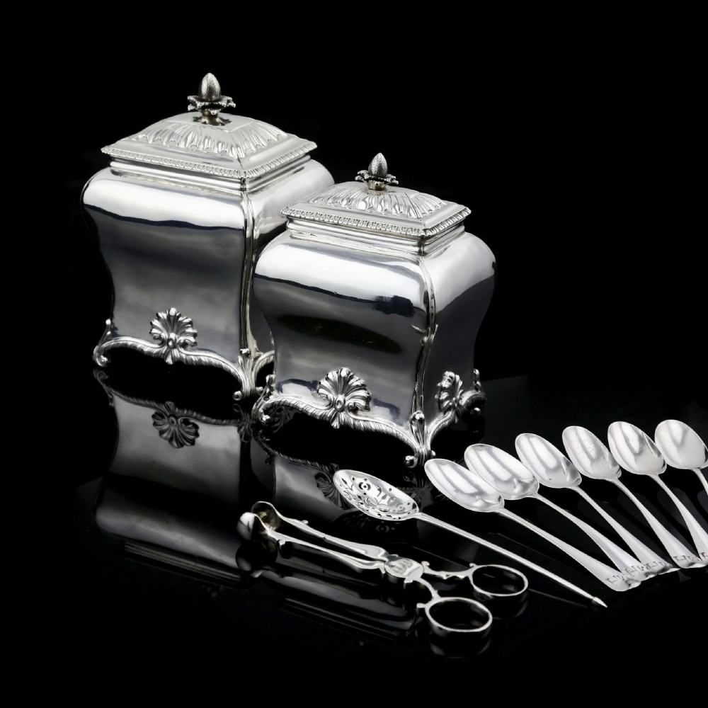 Antique Solid Silver Tea Caddy/Canister Set with Shagreen Box Case & Accessories - Peter (Pierre) Gillois 1759 View XIV