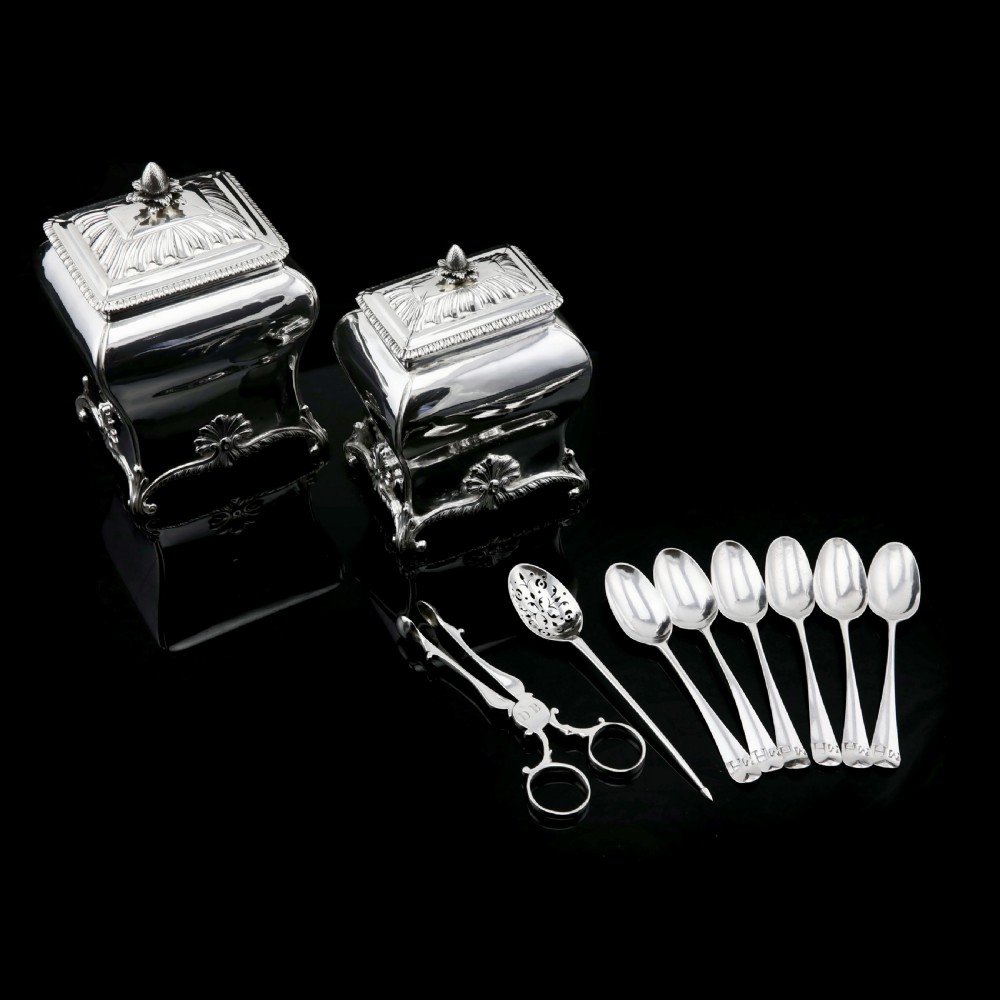 Antique Solid Silver Tea Caddy/Canister Set with Shagreen Box Case & Accessories - Peter (Pierre) Gillois 1759 View XVII