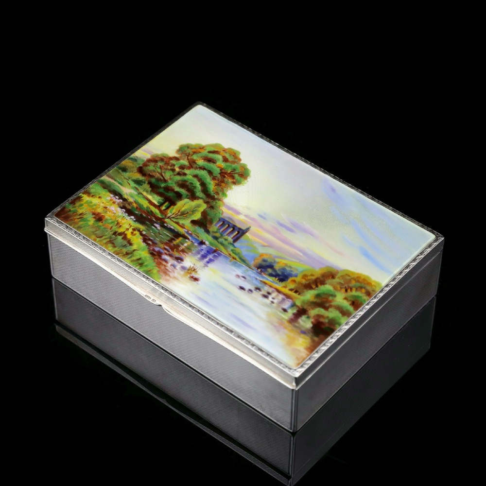A Large Solid Silver Enamel Landscape Scene Box - London, AJ,1928
