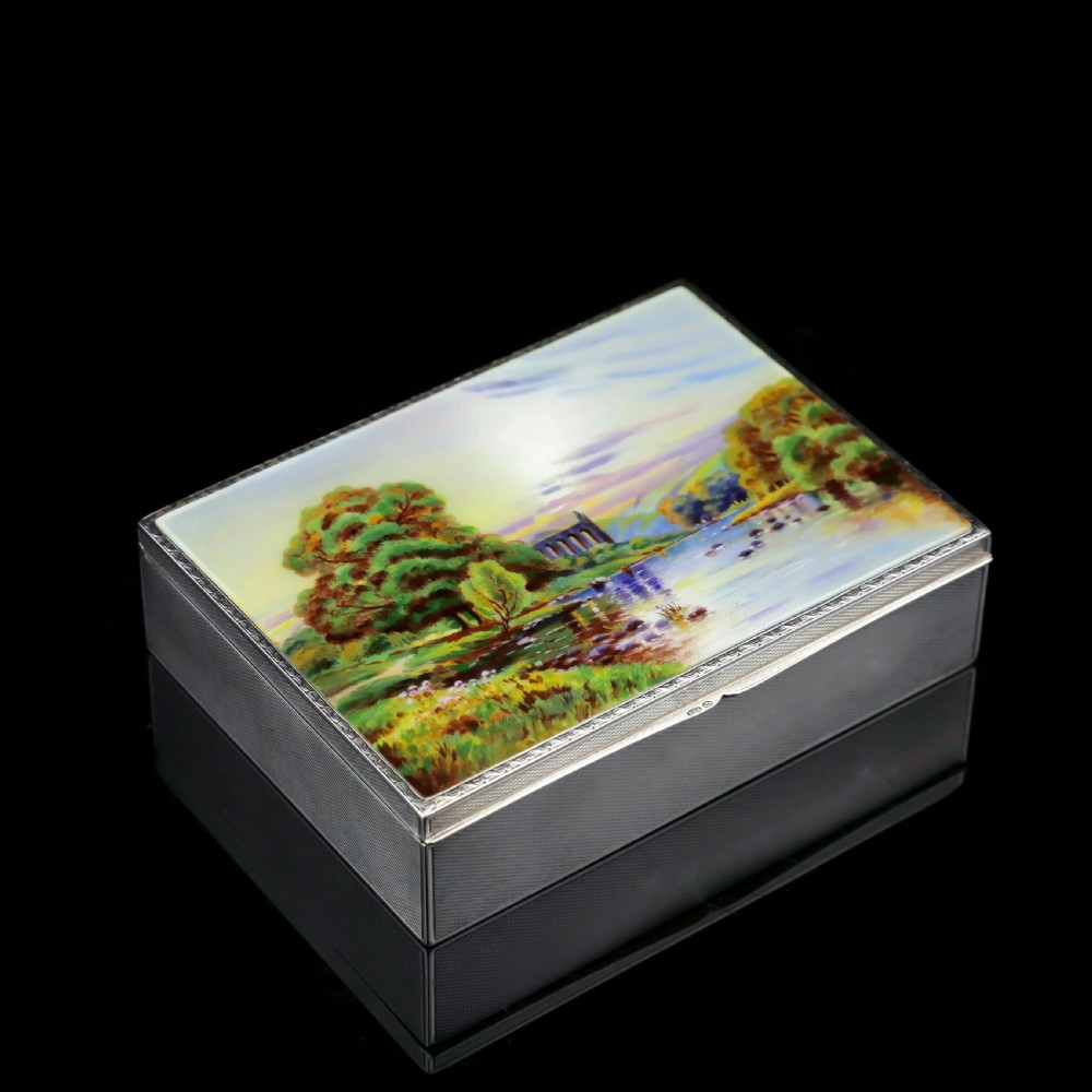 A Large Solid Silver Enamel Landscape Scene Box - London, AJ,1928 View II
