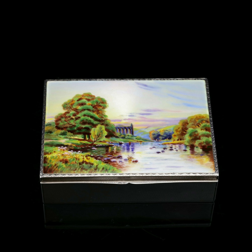 A Large Solid Silver Enamel Landscape Scene Box - London, AJ,1928 View III
