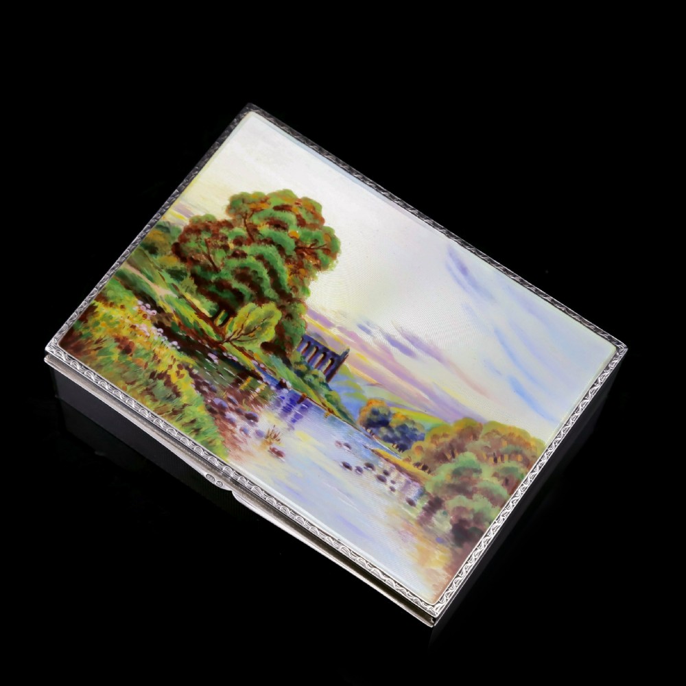A Large Solid Silver Enamel Landscape Scene Box - London, AJ,1928 View VII
