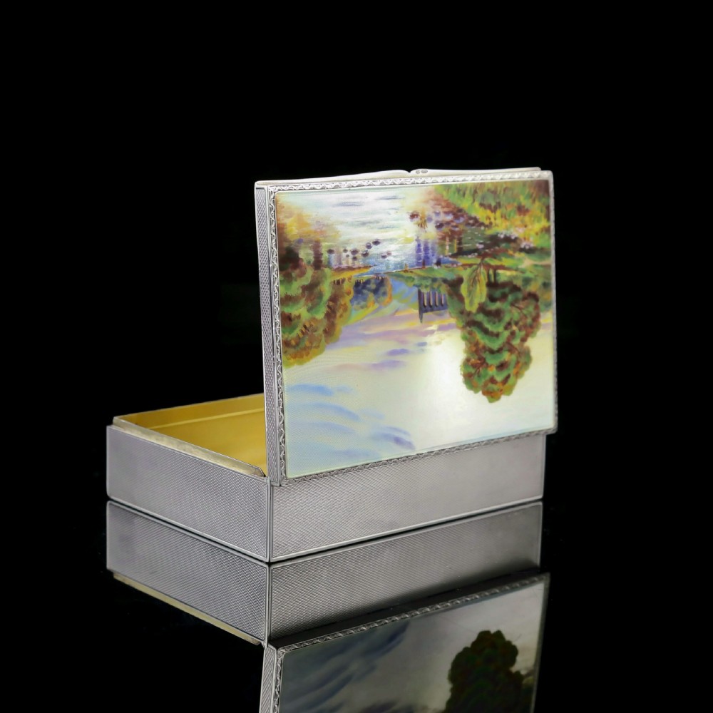 A Large Solid Silver Enamel Landscape Scene Box - London, AJ,1928 View XII