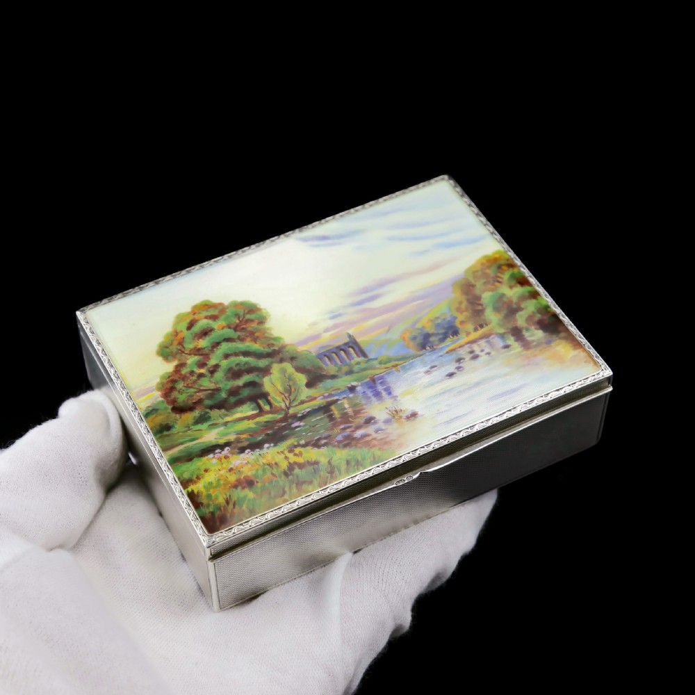 A Large Solid Silver Enamel Landscape Scene Box - London, AJ,1928 View XIV