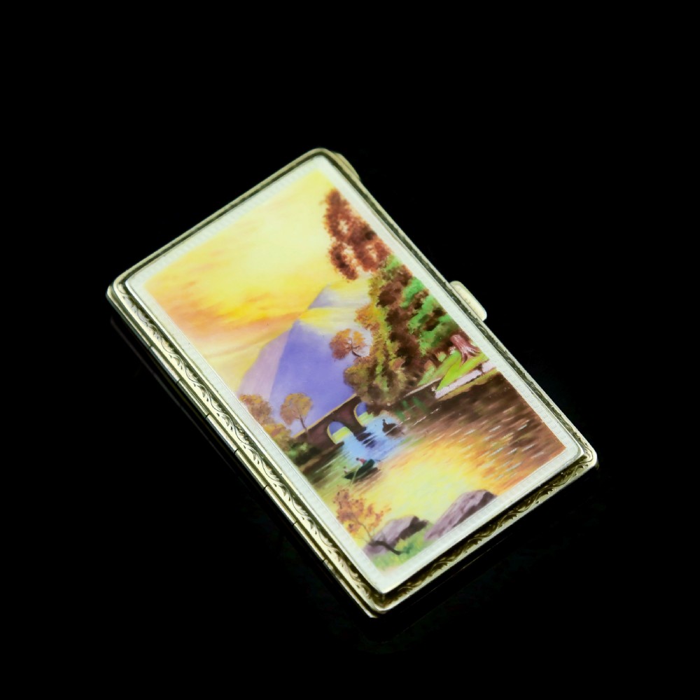 An English Solid Silver Enamel Cigarette Case with Landscape Scene - A.J.P London 1927