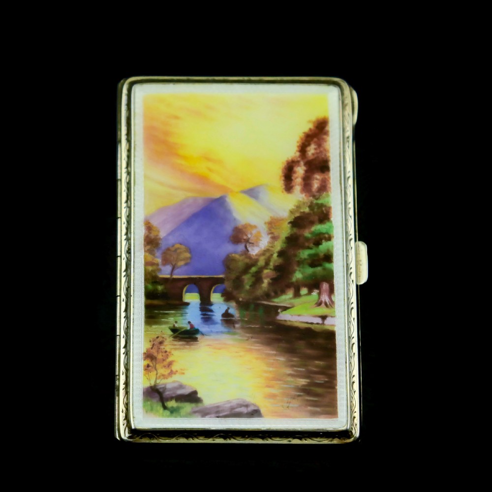 An English Solid Silver Enamel Cigarette Case with Landscape Scene - A.J.P London 1927 View II