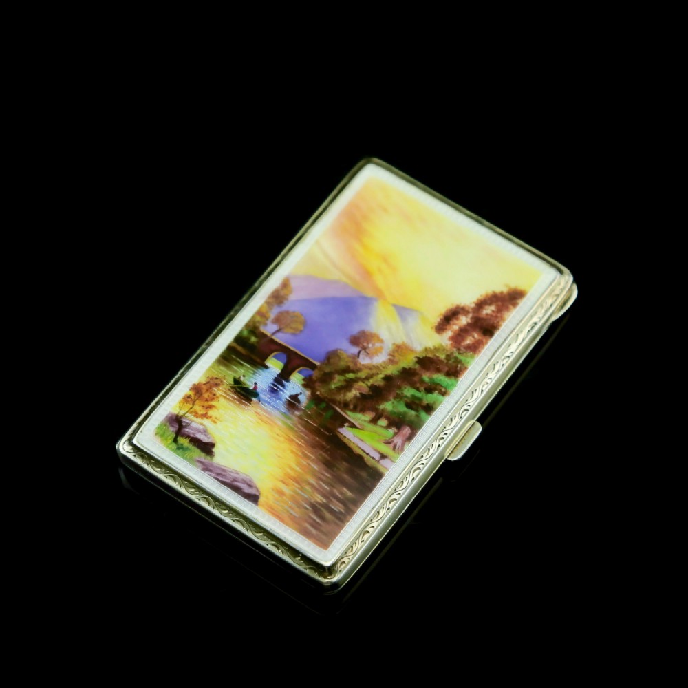 An English Solid Silver Enamel Cigarette Case with Landscape Scene - A.J.P London 1927 View III