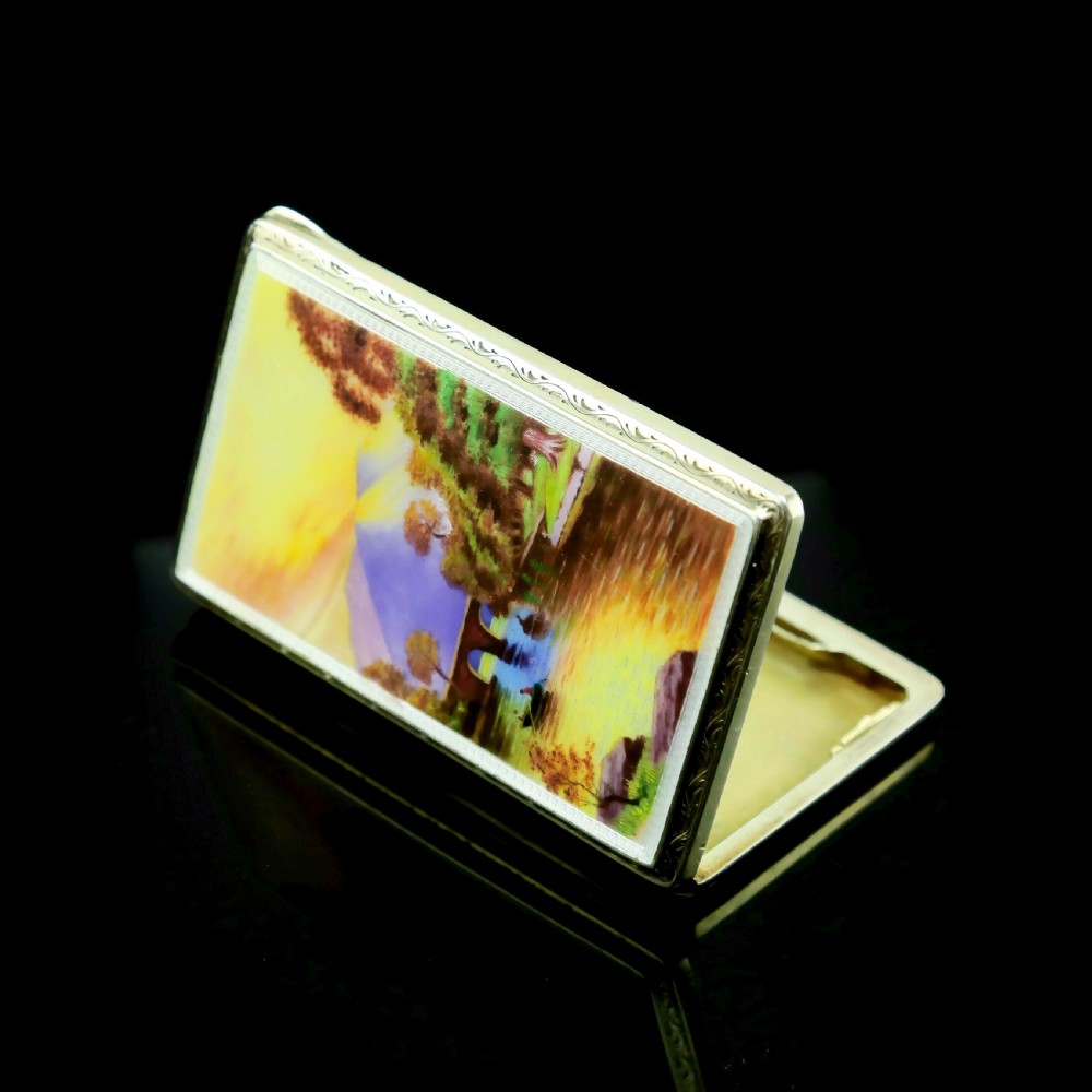 An English Solid Silver Enamel Cigarette Case with Landscape Scene - A.J.P London 1927 View VI
