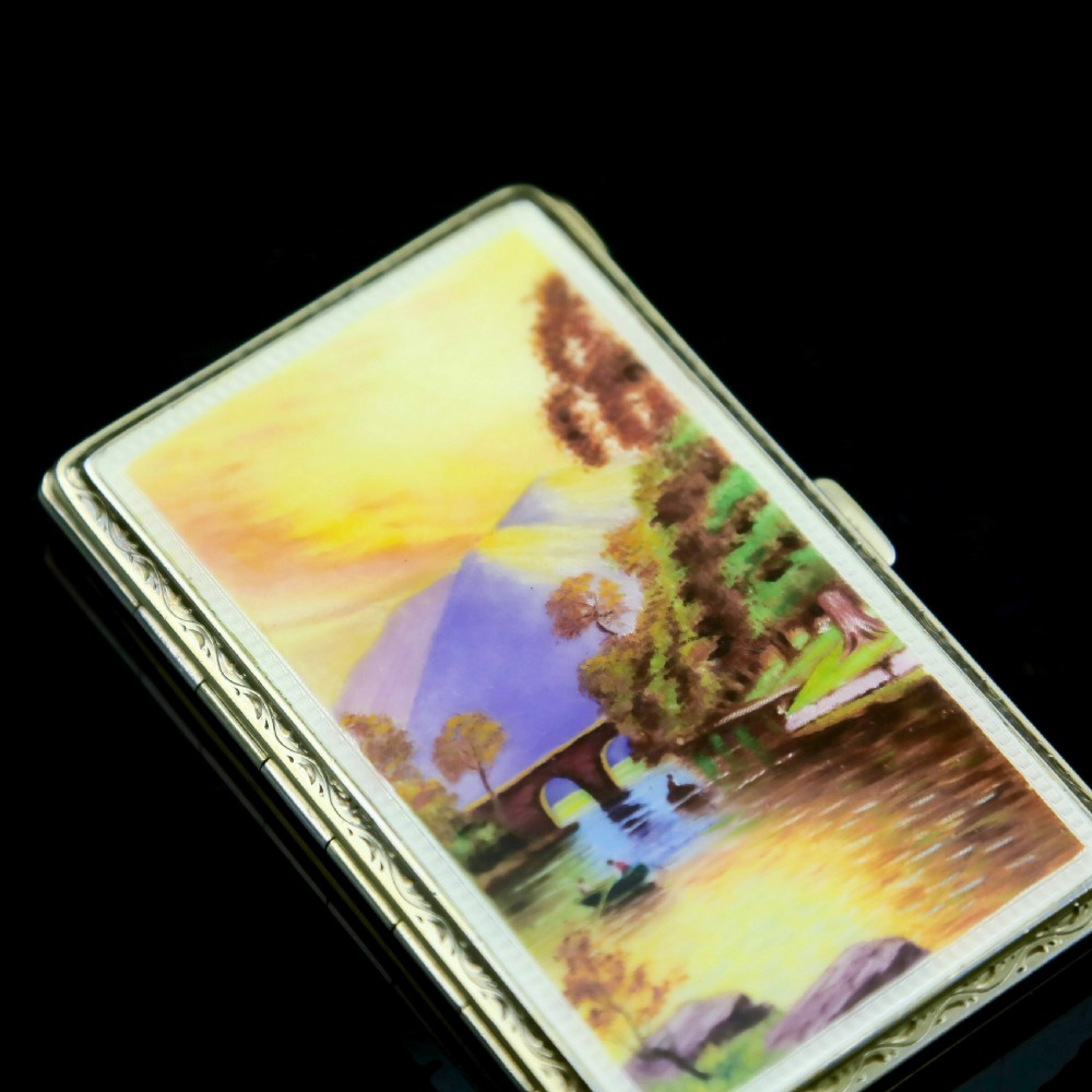 An English Solid Silver Enamel Cigarette Case with Landscape Scene - A.J.P London 1927 View IX