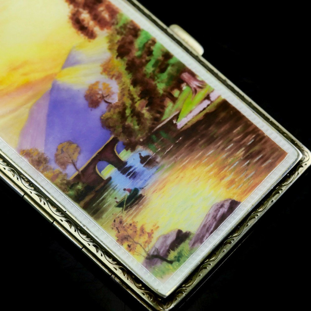An English Solid Silver Enamel Cigarette Case with Landscape Scene - A.J.P London 1927 View X