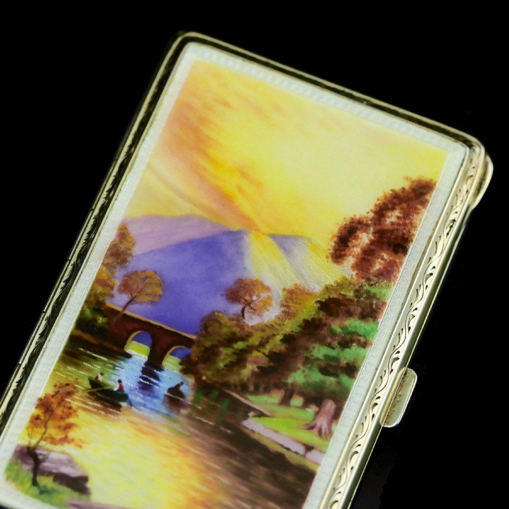 An English Solid Silver Enamel Cigarette Case with Landscape Scene - A.J.P London 1927 View XI