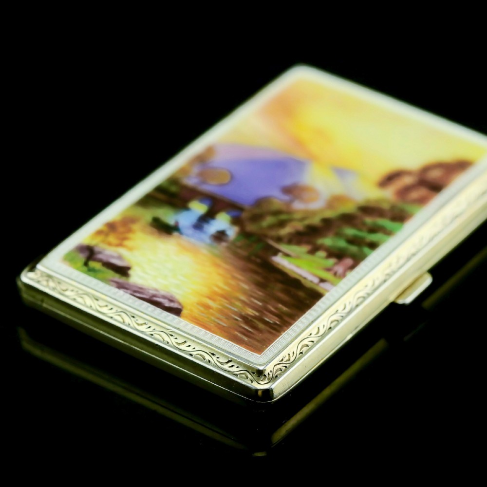 An English Solid Silver Enamel Cigarette Case with Landscape Scene - A.J.P London 1927 View XII