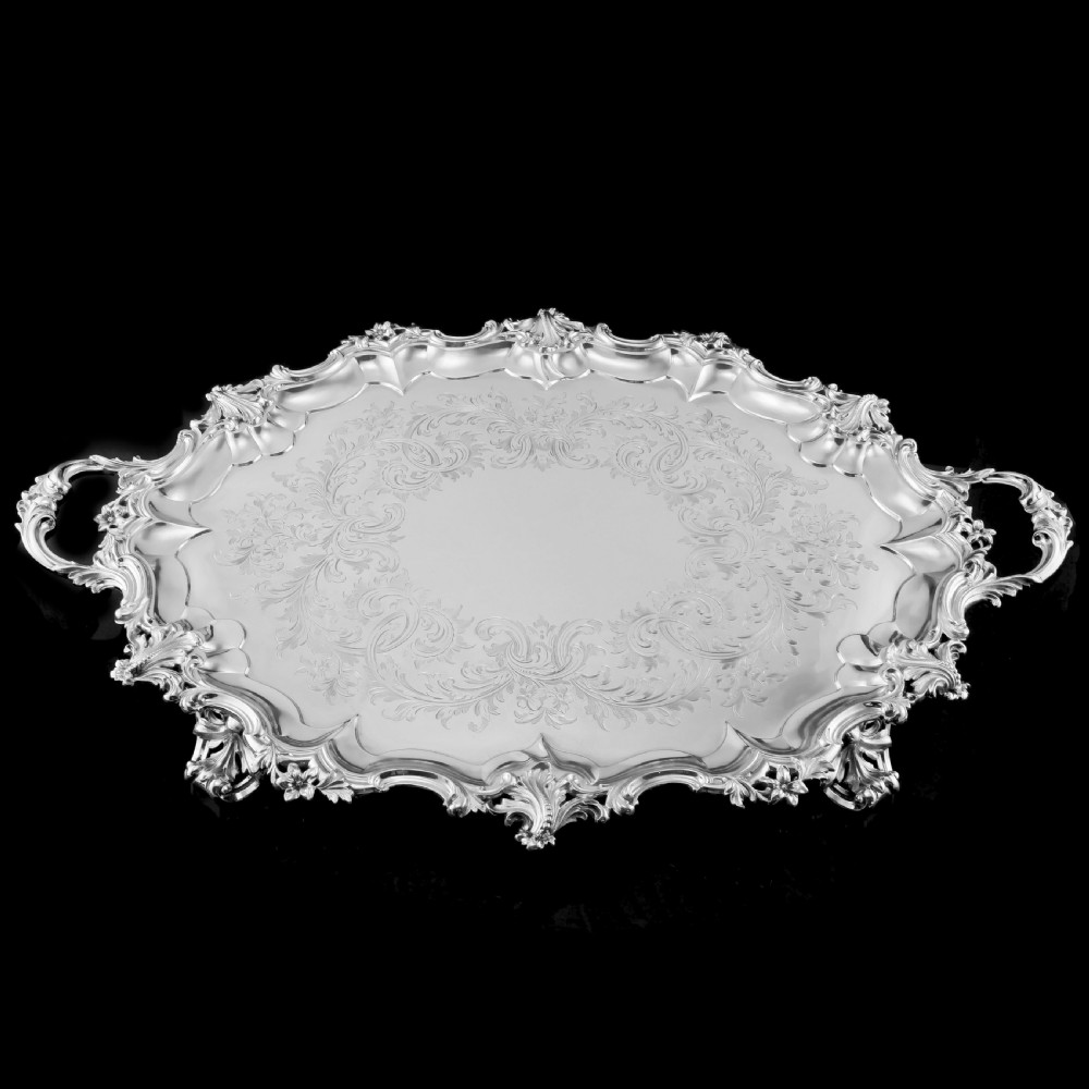 A Huge Solid Sterling Silver Victorian Two-Handled Tray with Cast Border & Fine Engravings - Barnard 1857 - 72cm (3.8kg)