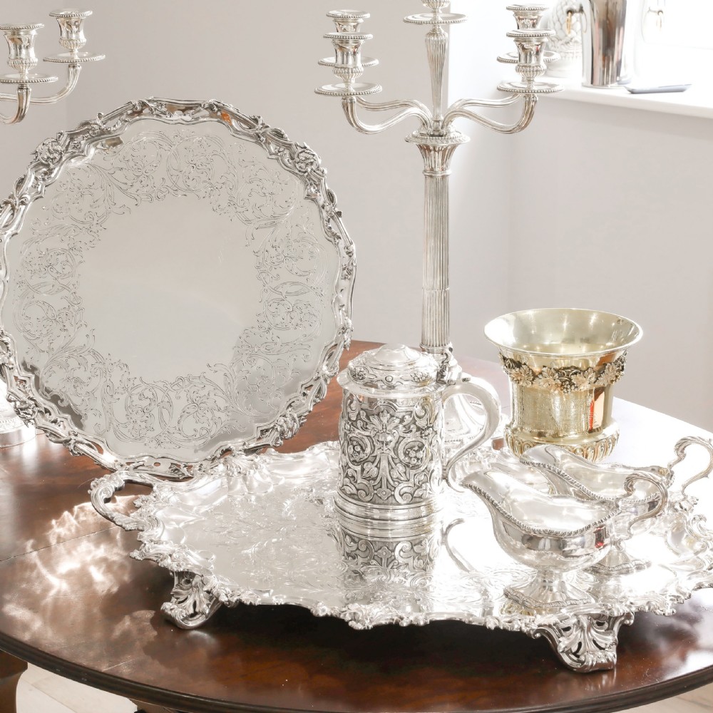 A Huge Solid Sterling Silver Victorian Two-Handled Tray with Cast Border & Fine Engravings - Barnard 1857 - 72cm (3.8kg) View II