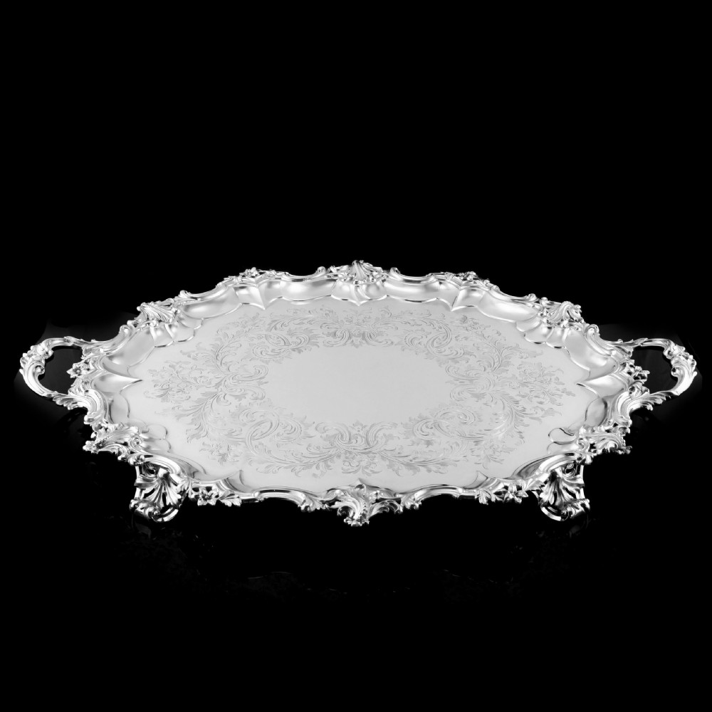 A Huge Solid Sterling Silver Victorian Two-Handled Tray with Cast Border & Fine Engravings - Barnard 1857 - 72cm (3.8kg) View IV
