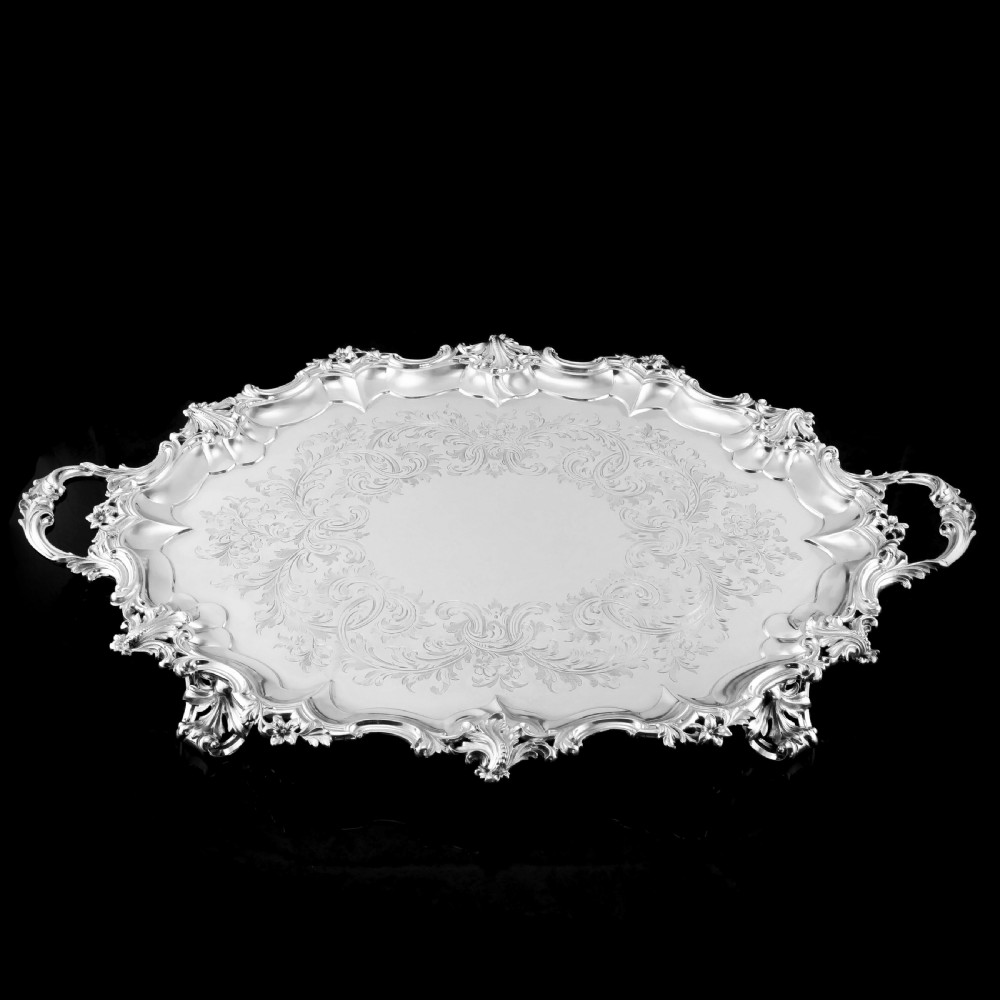 A Huge Solid Sterling Silver Victorian Two-Handled Tray with Cast Border & Fine Engravings - Barnard 1857 - 72cm (3.8kg) View V
