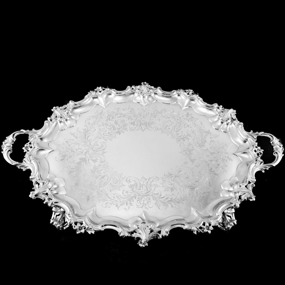 A Huge Solid Sterling Silver Victorian Two-Handled Tray with Cast Border & Fine Engravings - Barnard 1857 - 72cm (3.8kg) View VI