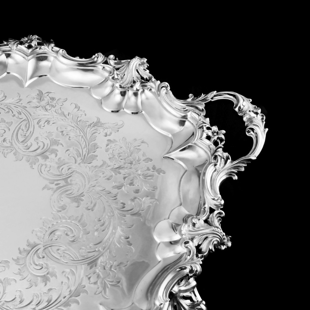 A Huge Solid Sterling Silver Victorian Two-Handled Tray with Cast Border & Fine Engravings - Barnard 1857 - 72cm (3.8kg) View VIII