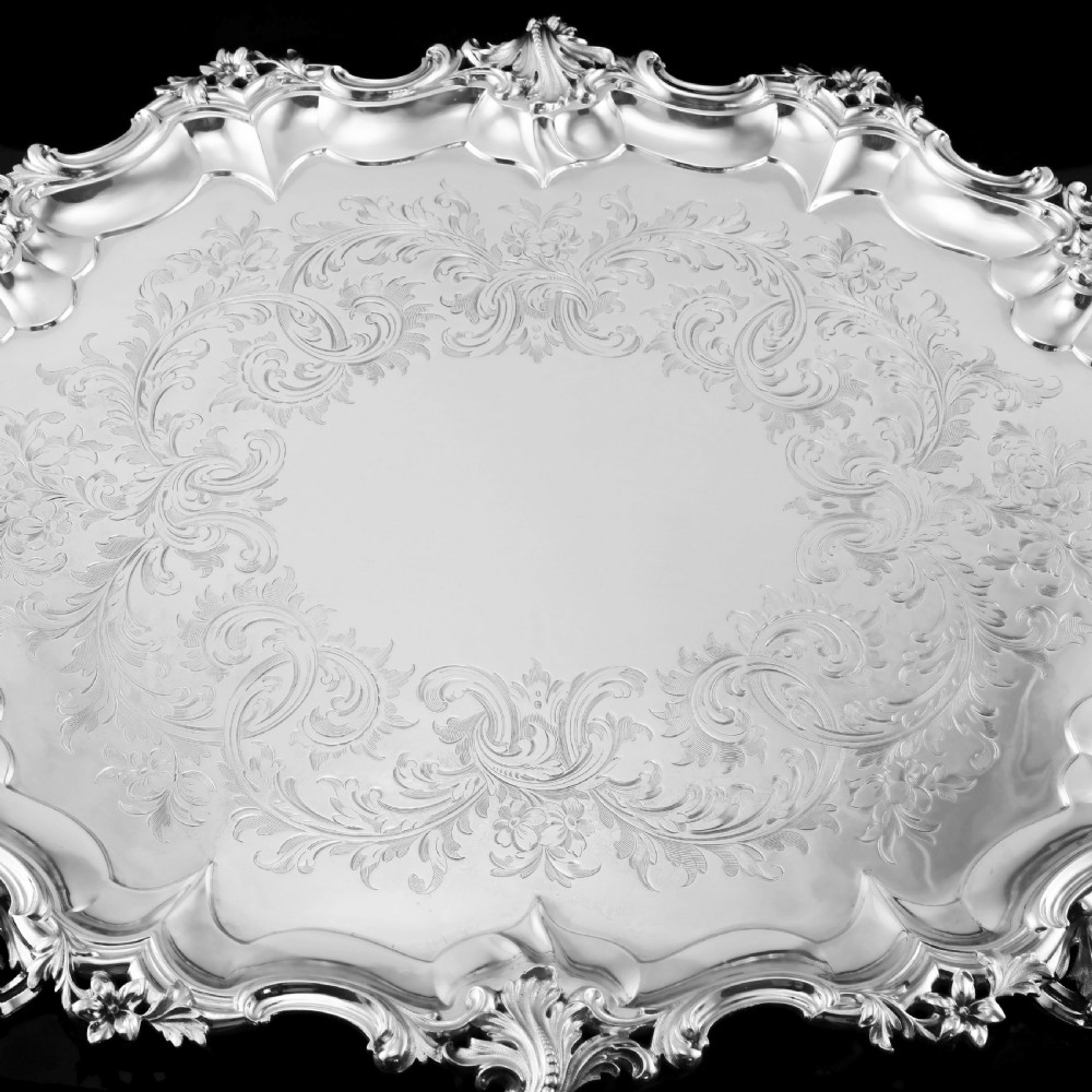 A Huge Solid Sterling Silver Victorian Two-Handled Tray with Cast Border & Fine Engravings - Barnard 1857 - 72cm (3.8kg) View IX