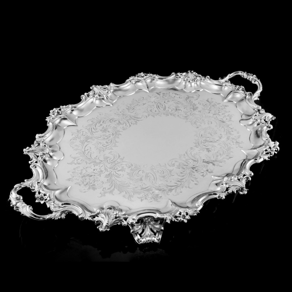 A Huge Solid Sterling Silver Victorian Two-Handled Tray with Cast Border & Fine Engravings - Barnard 1857 - 72cm (3.8kg) View X