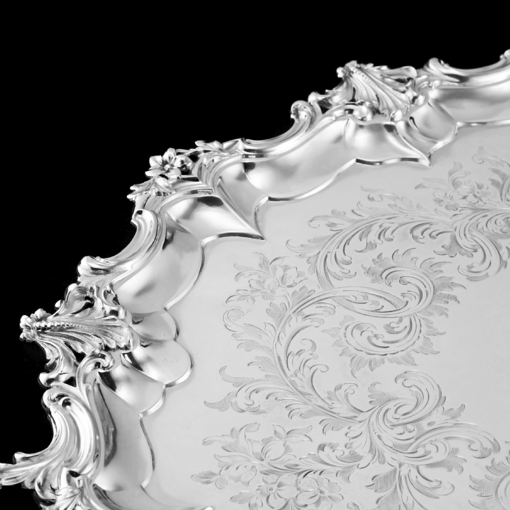 A Huge Solid Sterling Silver Victorian Two-Handled Tray with Cast Border & Fine Engravings - Barnard 1857 - 72cm (3.8kg) View XI