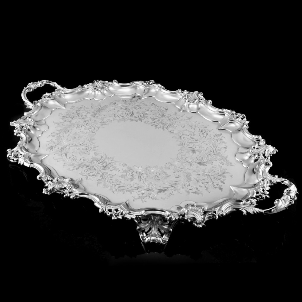 A Huge Solid Sterling Silver Victorian Two-Handled Tray with Cast Border & Fine Engravings - Barnard 1857 - 72cm (3.8kg) View XII