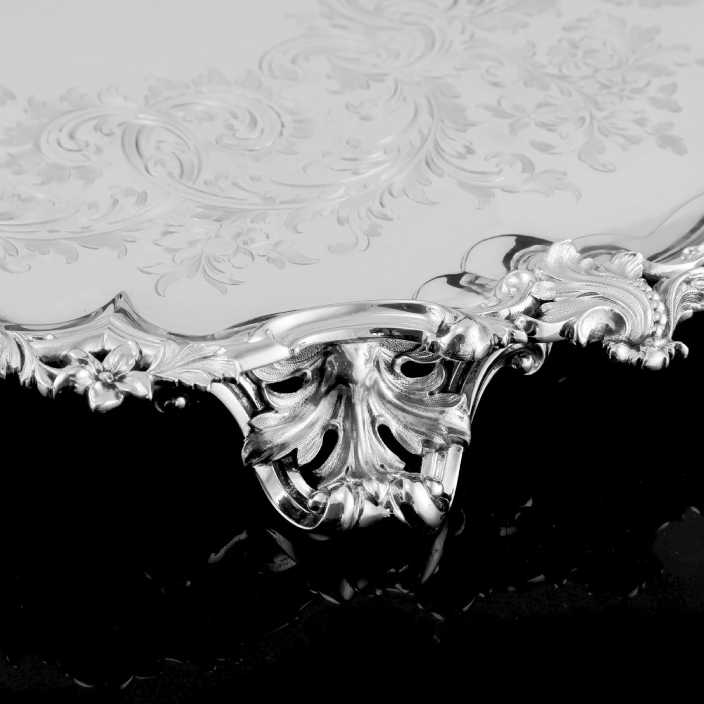 A Huge Solid Sterling Silver Victorian Two-Handled Tray with Cast Border & Fine Engravings - Barnard 1857 - 72cm (3.8kg) View XIII