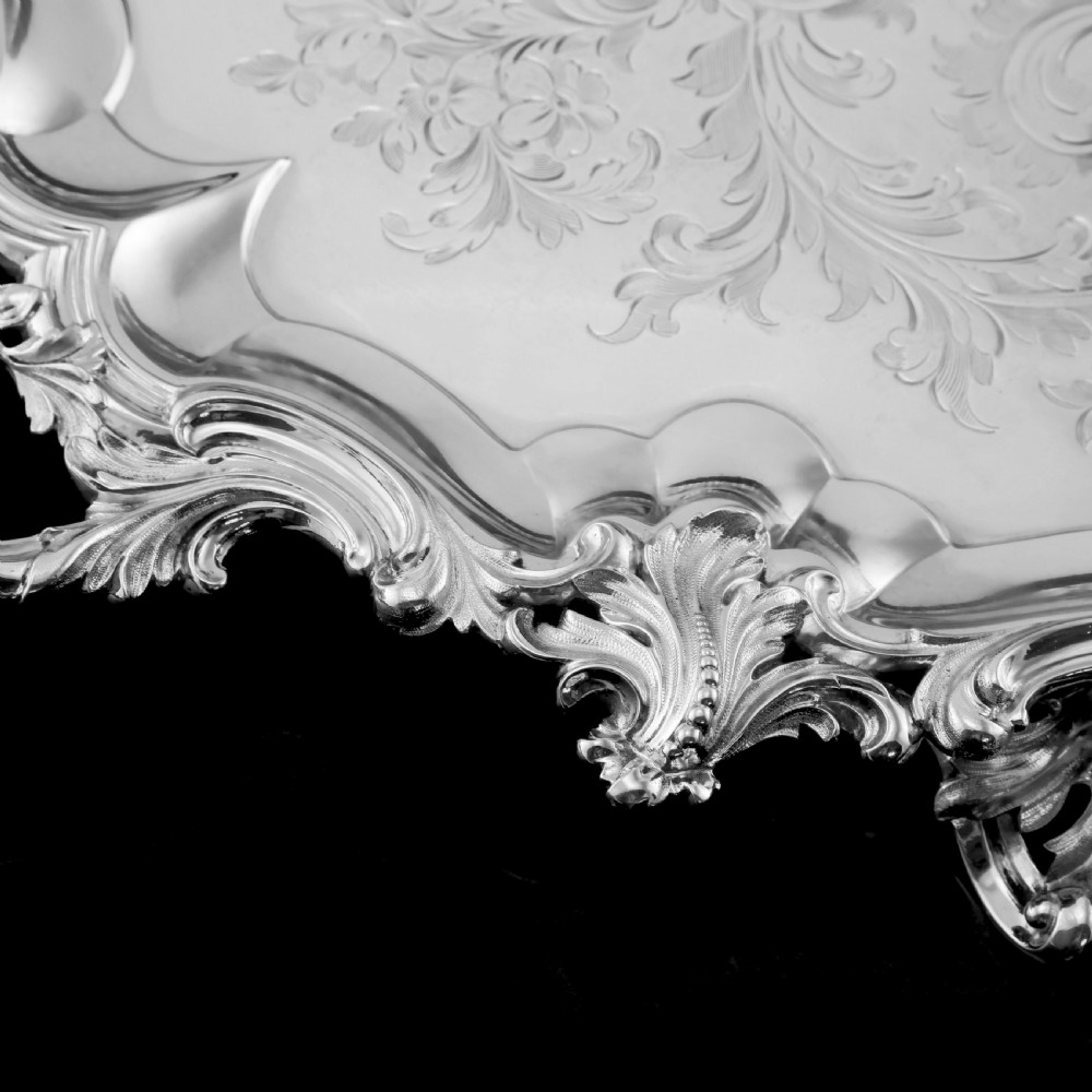 A Huge Solid Sterling Silver Victorian Two-Handled Tray with Cast Border & Fine Engravings - Barnard 1857 - 72cm (3.8kg) View XV