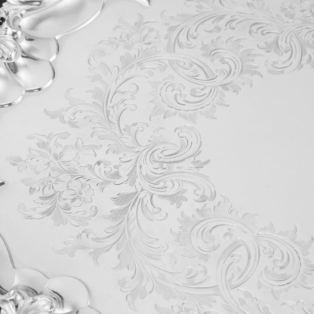 A Huge Solid Sterling Silver Victorian Two-Handled Tray with Cast Border & Fine Engravings - Barnard 1857 - 72cm (3.8kg) View XVI