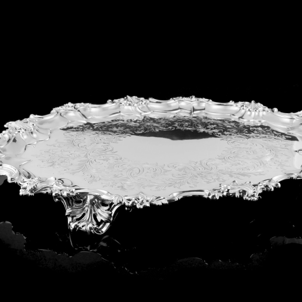 A Huge Solid Sterling Silver Victorian Two-Handled Tray with Cast Border & Fine Engravings - Barnard 1857 - 72cm (3.8kg) View XVII