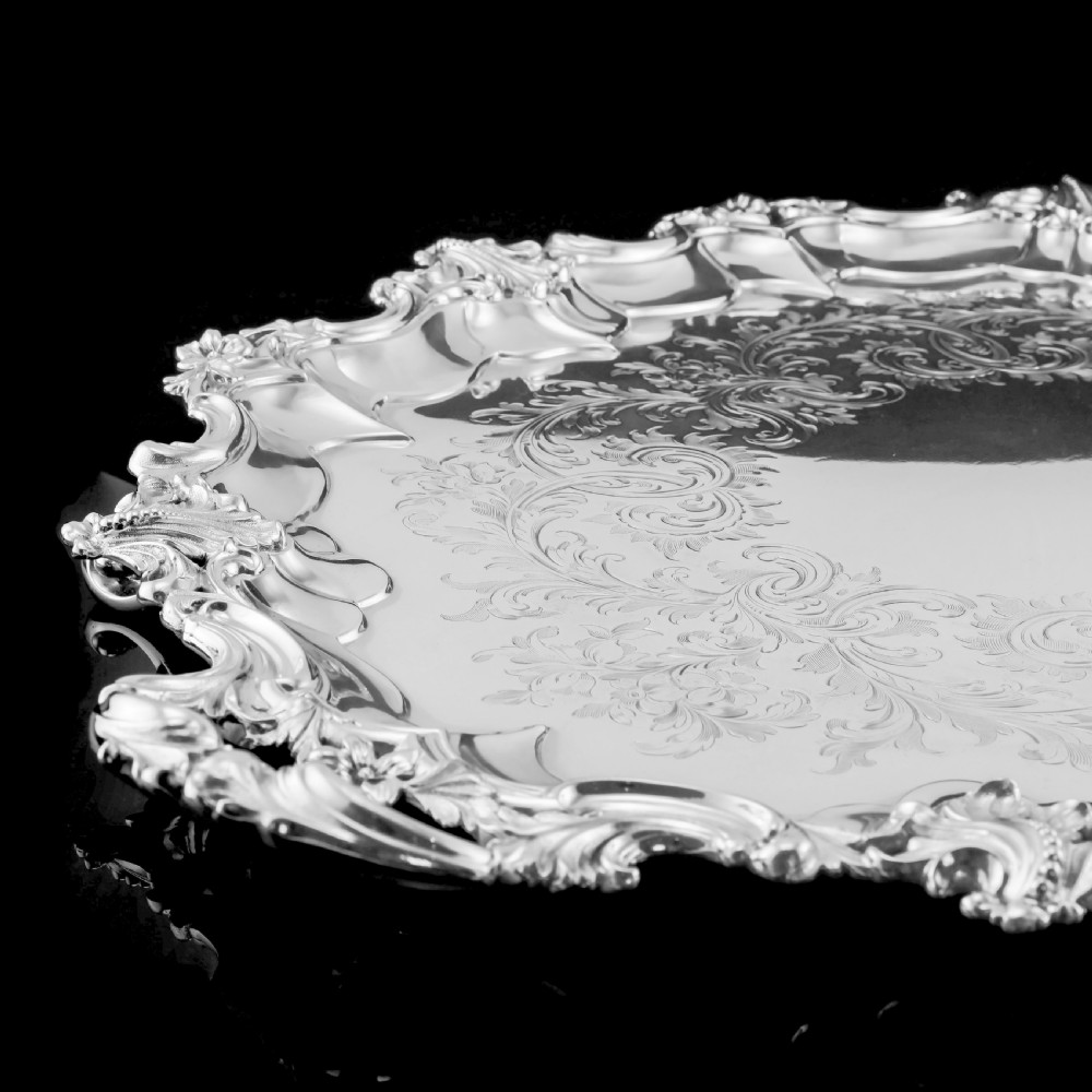 A Huge Solid Sterling Silver Victorian Two-Handled Tray with Cast Border & Fine Engravings - Barnard 1857 - 72cm (3.8kg) View XVIII