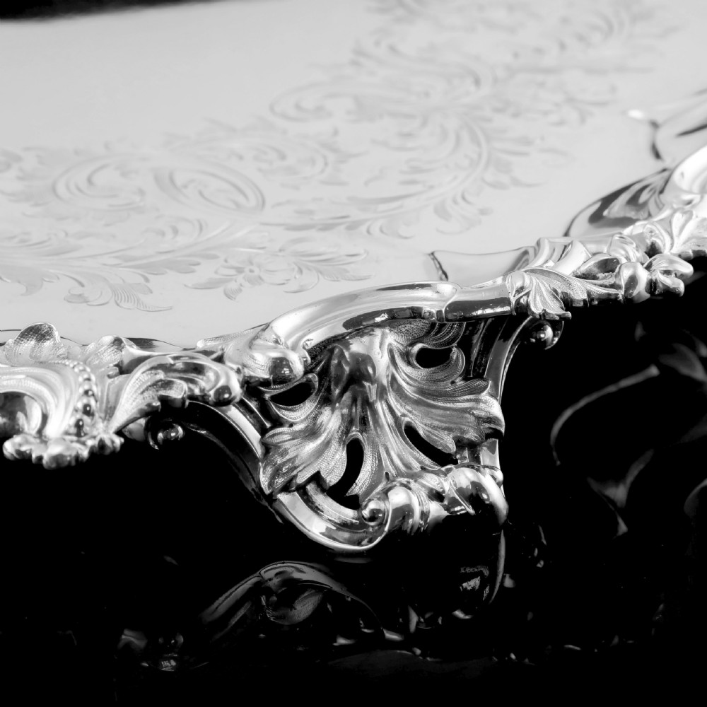A Huge Solid Sterling Silver Victorian Two-Handled Tray with Cast Border & Fine Engravings - Barnard 1857 - 72cm (3.8kg) View XIX
