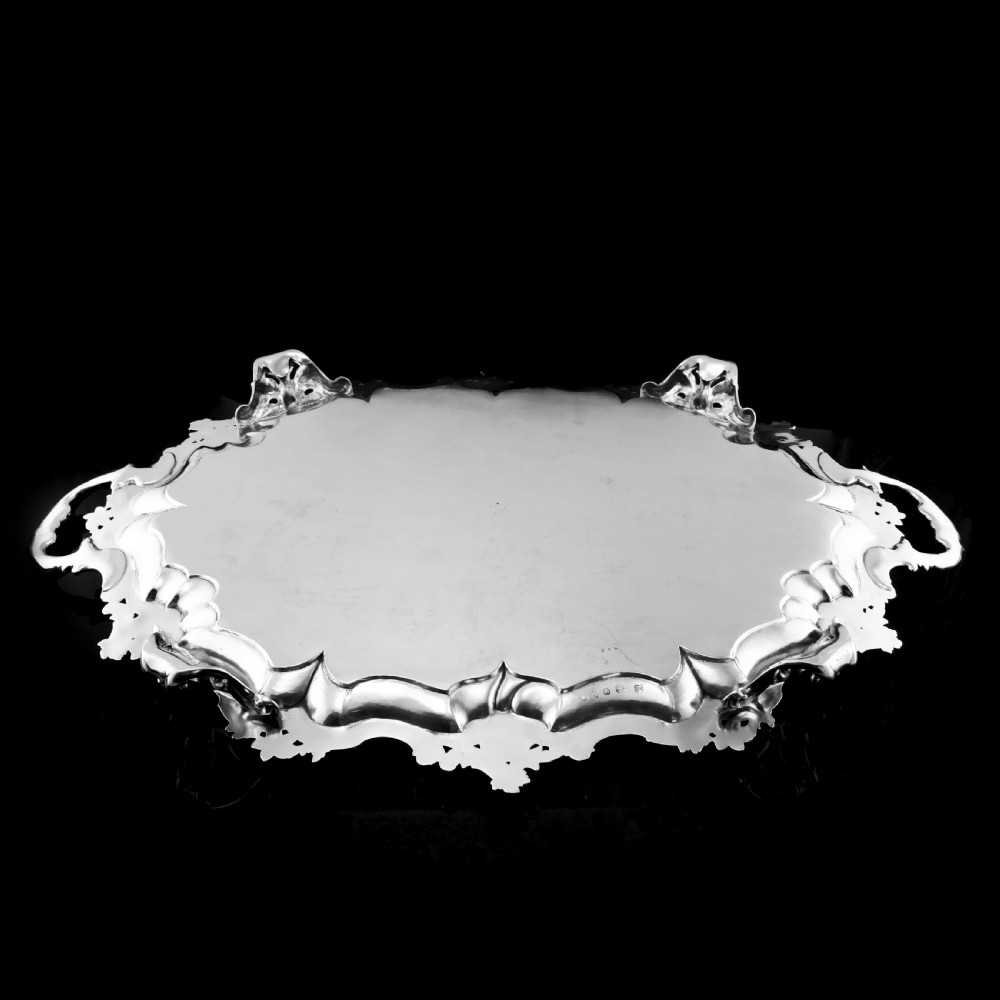 A Huge Solid Sterling Silver Victorian Two-Handled Tray with Cast Border & Fine Engravings - Barnard 1857 - 72cm (3.8kg) View XX