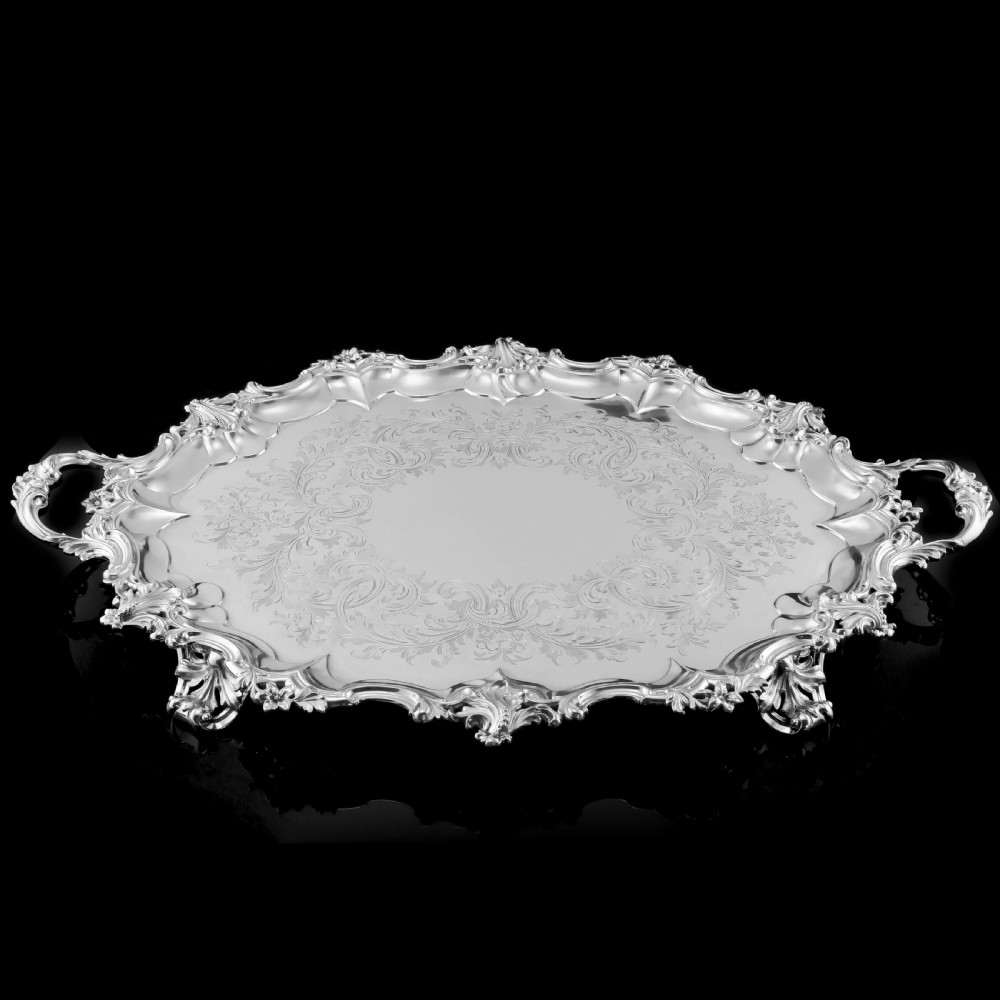 A Huge Solid Sterling Silver Victorian Two-Handled Tray with Cast Border & Fine Engravings - Barnard 1857 - 72cm (3.8kg) View XXII