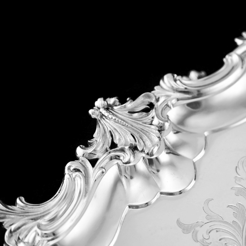 A Huge Solid Sterling Silver Victorian Two-Handled Tray with Cast Border & Fine Engravings - Barnard 1857 - 72cm (3.8kg) View XXIV