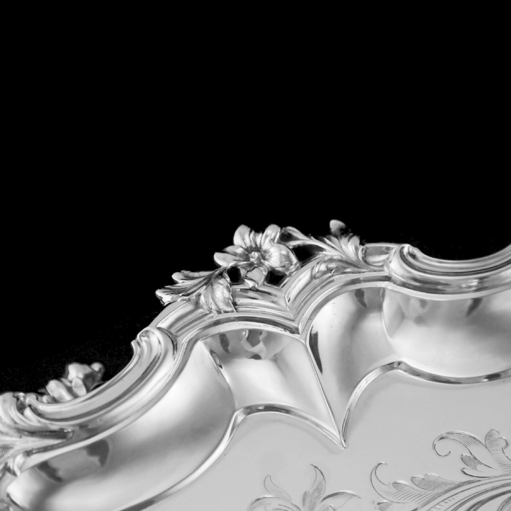 A Huge Solid Sterling Silver Victorian Two-Handled Tray with Cast Border & Fine Engravings - Barnard 1857 - 72cm (3.8kg) View XXV