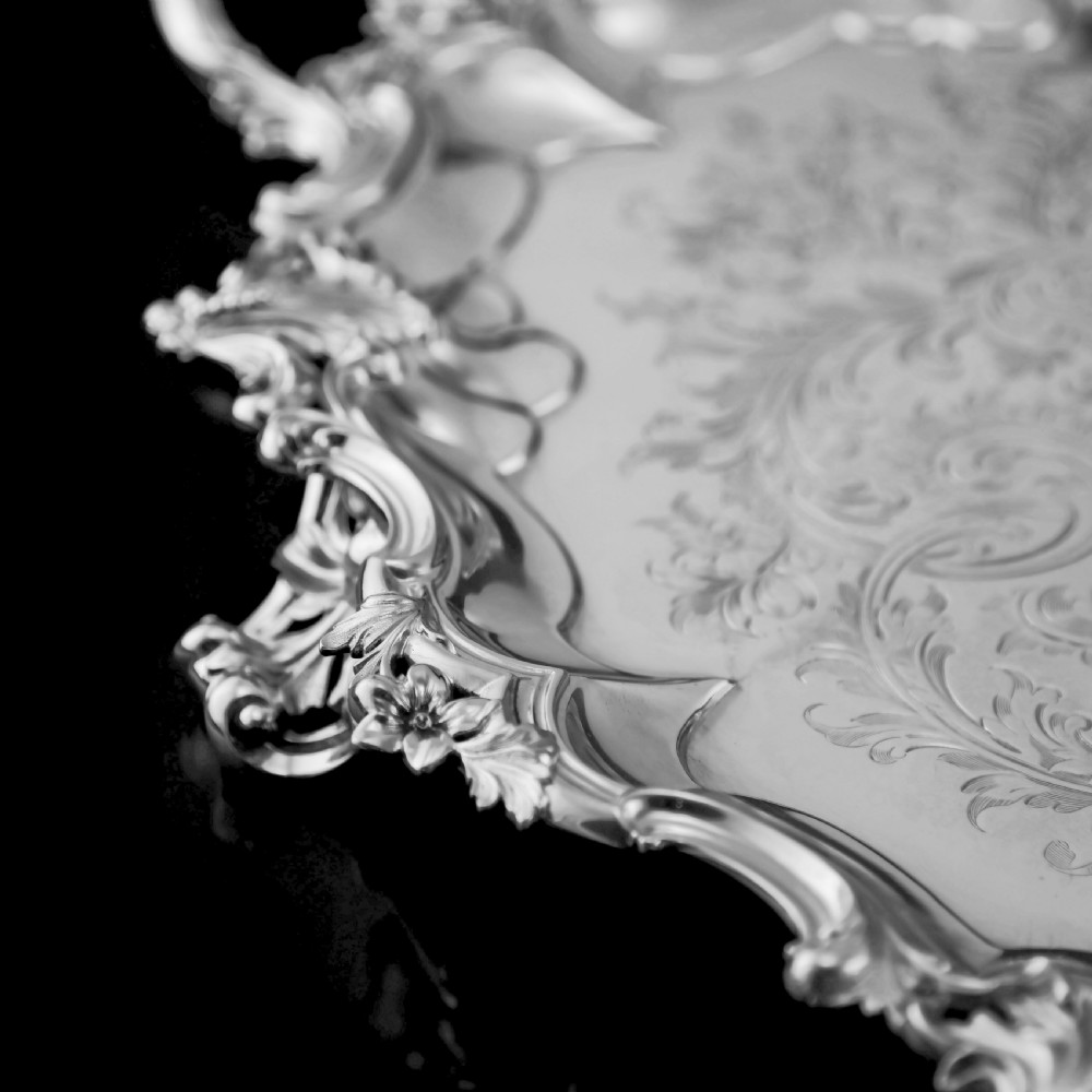A Huge Solid Sterling Silver Victorian Two-Handled Tray with Cast Border & Fine Engravings - Barnard 1857 - 72cm (3.8kg) View XXVII