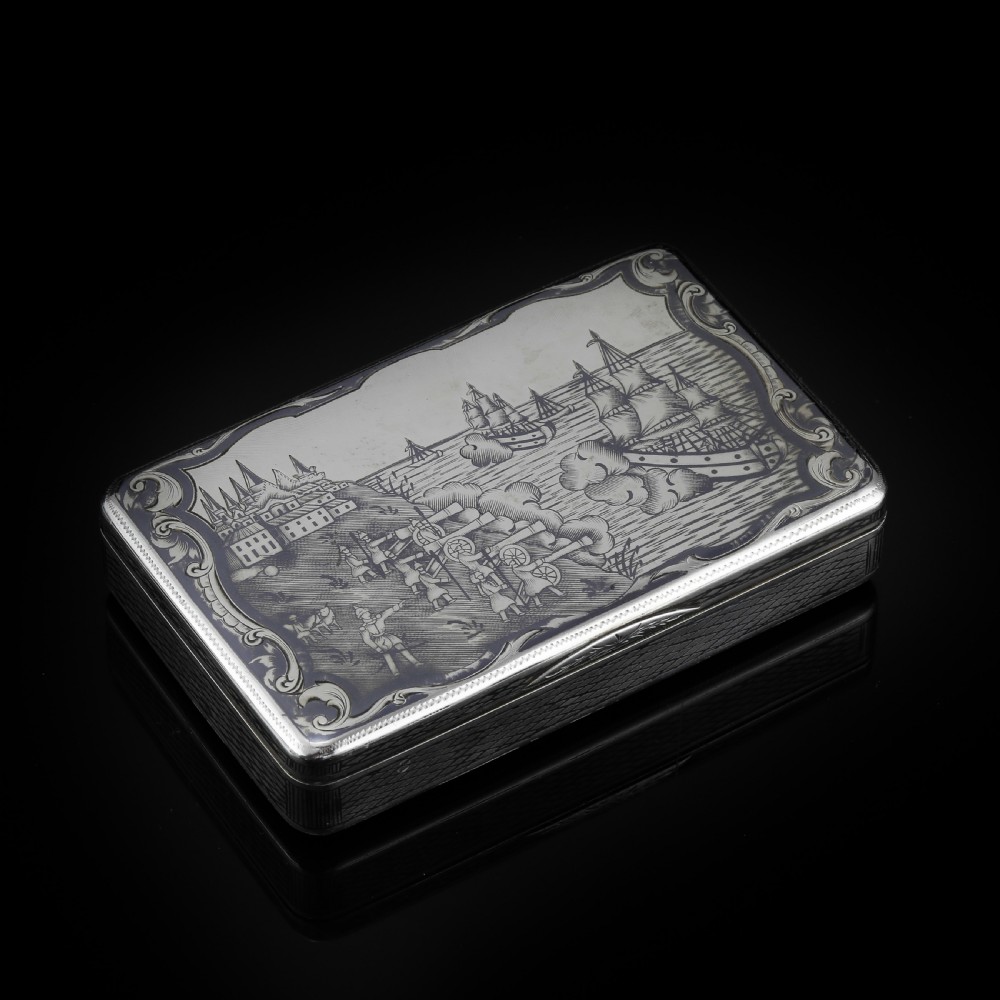 Antique Imperial Russian Silver Niello Snuff Box Naval Ship Battle Scene - T.Botkov 1855