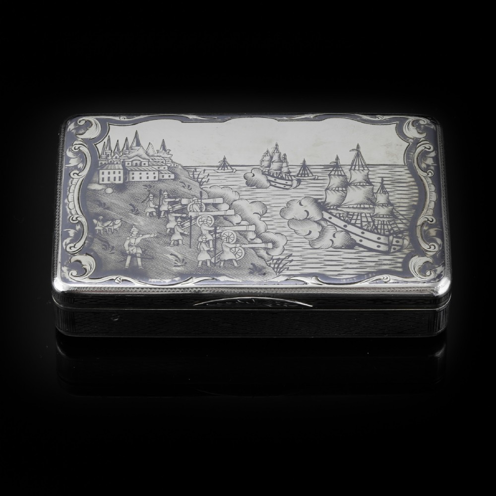 Antique Imperial Russian Silver Niello Snuff Box Naval Ship Battle Scene - T.Botkov 1855 View II