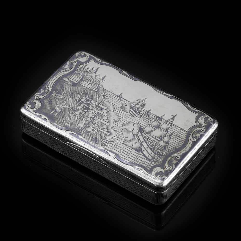 Antique Imperial Russian Silver Niello Snuff Box Naval Ship Battle Scene - T.Botkov 1855 View III