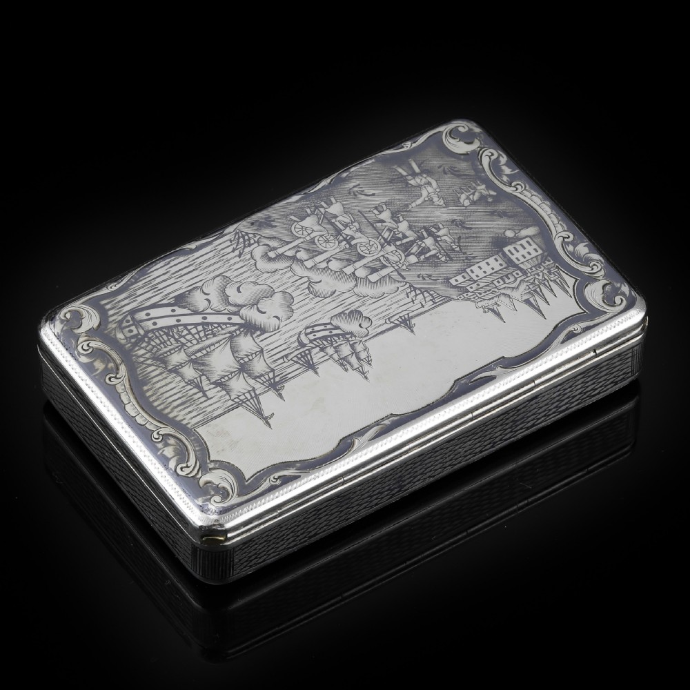 Antique Imperial Russian Silver Niello Snuff Box Naval Ship Battle Scene - T.Botkov 1855 View IV
