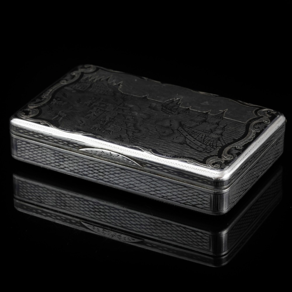 Antique Imperial Russian Silver Niello Snuff Box Naval Ship Battle Scene - T.Botkov 1855 View IX