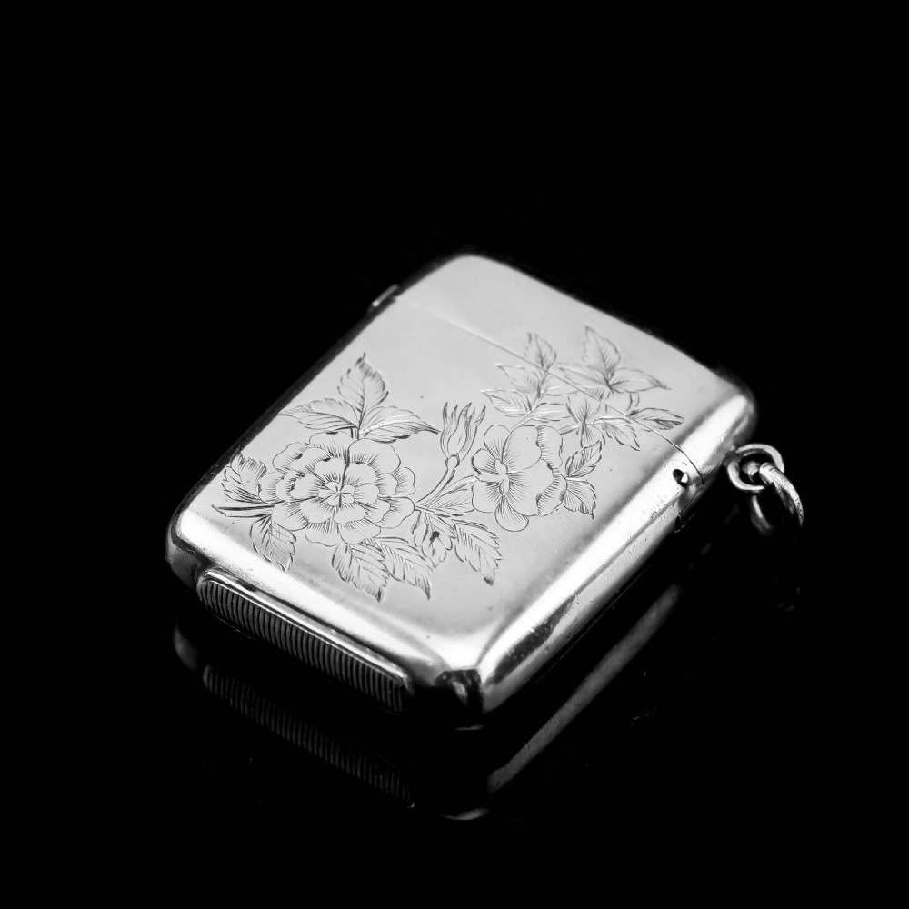 Antique Victorian Solid Silver Vesta Case Aesthetic Style Engravings - Joseph Whitten 1885 View II