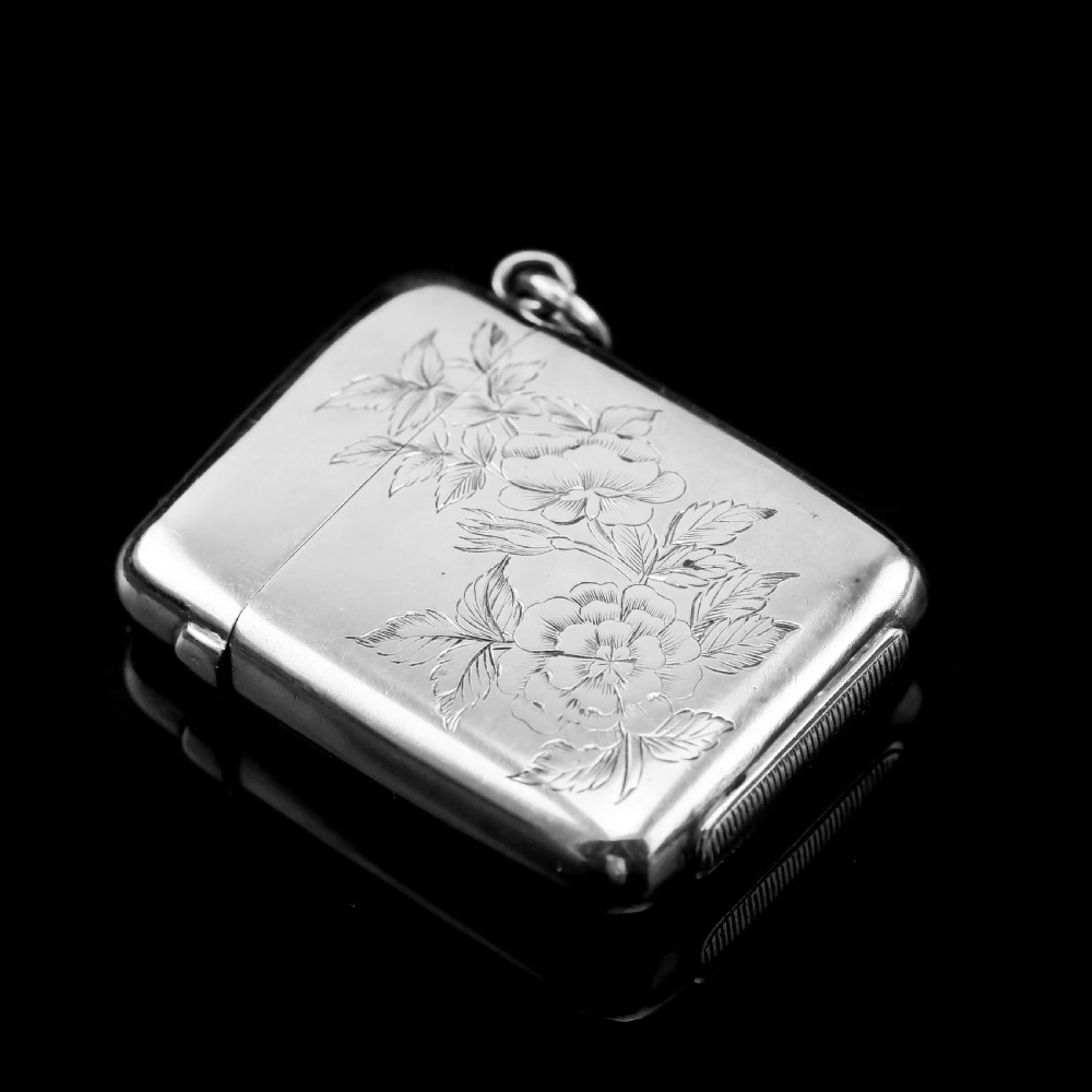Antique Victorian Solid Silver Vesta Case Aesthetic Style Engravings - Joseph Whitten 1885 View III