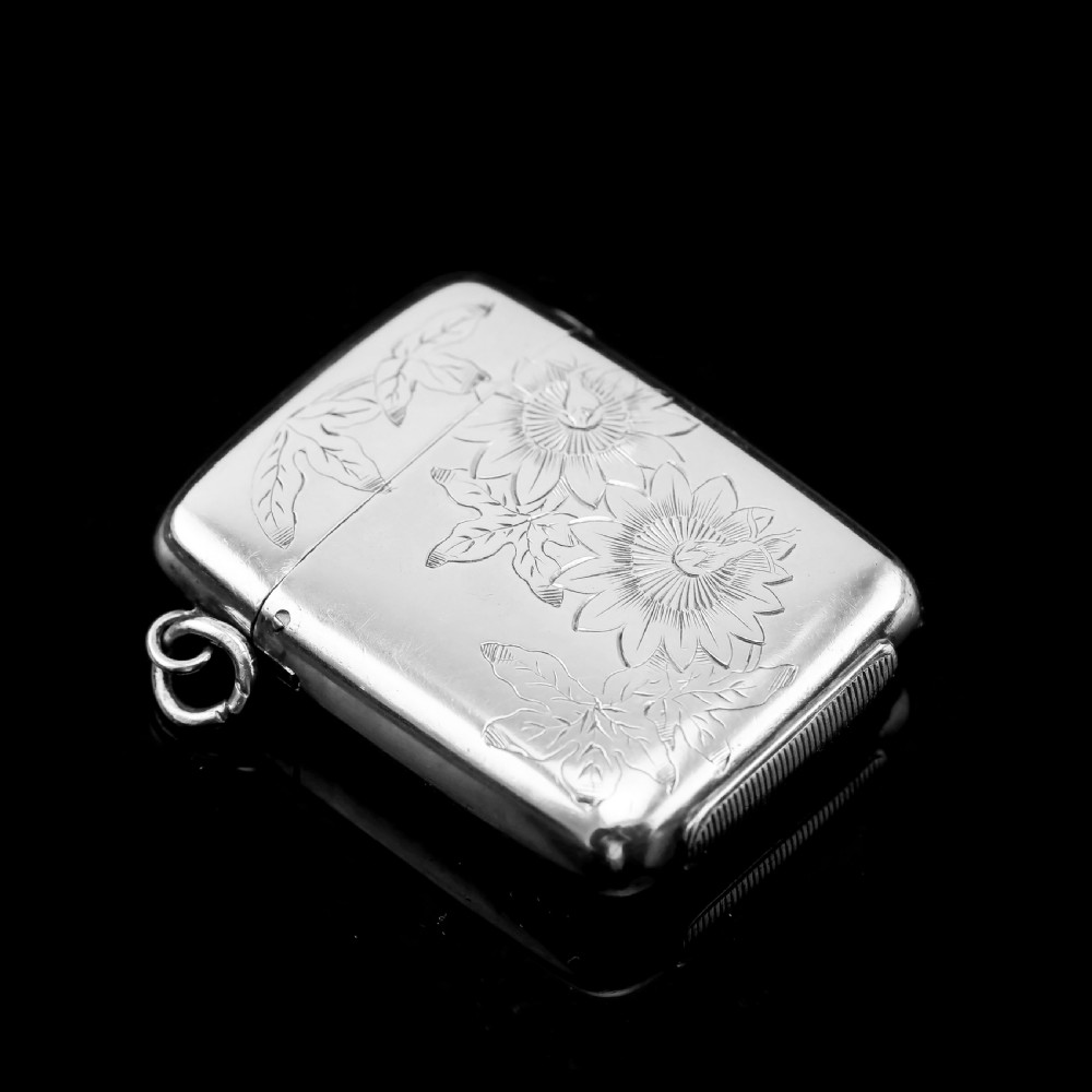 Antique Victorian Solid Silver Vesta Case Aesthetic Style Engravings - Joseph Whitten 1885 View IV